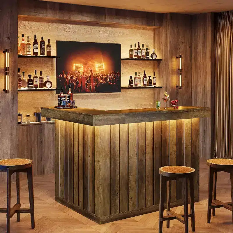 Lantine L-vormige thuisbar, hoekbartafel met 4 niveaus, opbergplanken en wijnglashouder voor thuisbar