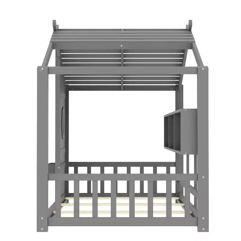 Eenpersoons-/tweepersoonsbed in huisvorm met platformbedframe, peuterbed op de vloer, Montessori-bed voor kinderen, speelhuisbed met opbergplank - ModernLuxe