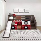 Niedriges Etagenbett, 90 x 190 cm, mit Treppe, Rutsche und Feuerwehrauto-Vorhang