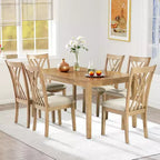 Zevemomo 7-delige eettafelset van massief hout met 6 gestoffeerde stoelen, ruimtebesparende eettafel met stoelen, voor de eetkamer of keuken, naturel houtkleur