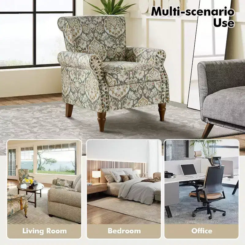 Araceli traditionele houten fauteuil met bloemenstof, hoge rugleuning met vleugels en siernagels| ART OF LIVING DESIGNS