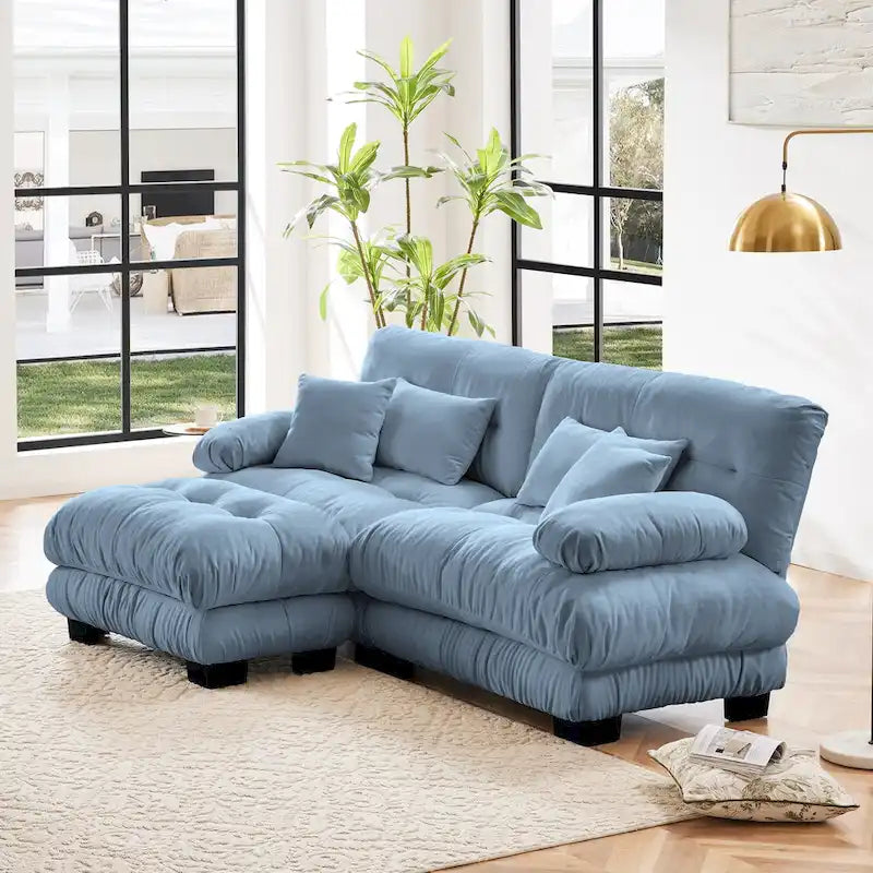 L-vormige loveseat, hoekbank van chenille met lendenkussens