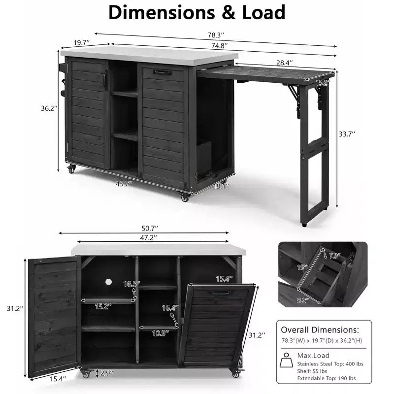 Buitenkeukeneiland van 78.3 inch met roestvrijstalen werkblad, opvouwbaar BBQ-station en opbergkasten, zwart