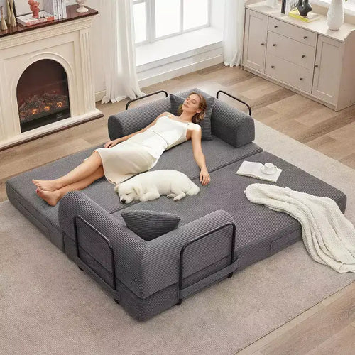 2-in-1-Schlafsofa, bequemes Klappsofa aus Cord mit tiefer Sitzfläche und breiten Armlehnen, Sofa ohne Gestell, für Wohnzimmer und Wohnungen