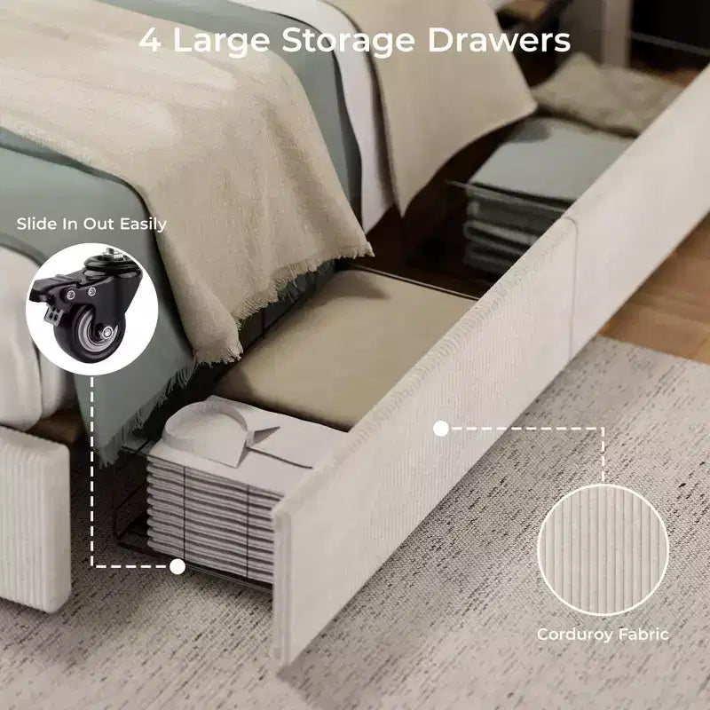 CuisinSmart bedframe van ribfluweel met hoofdbord, gestoffeerd platformbedframe met 4 opbergladen en houten lattenbodem
