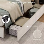 CuisinSmart bedframe van ribfluweel met hoofdbord, gestoffeerd platformbedframe met 4 opbergladen en houten lattenbodem