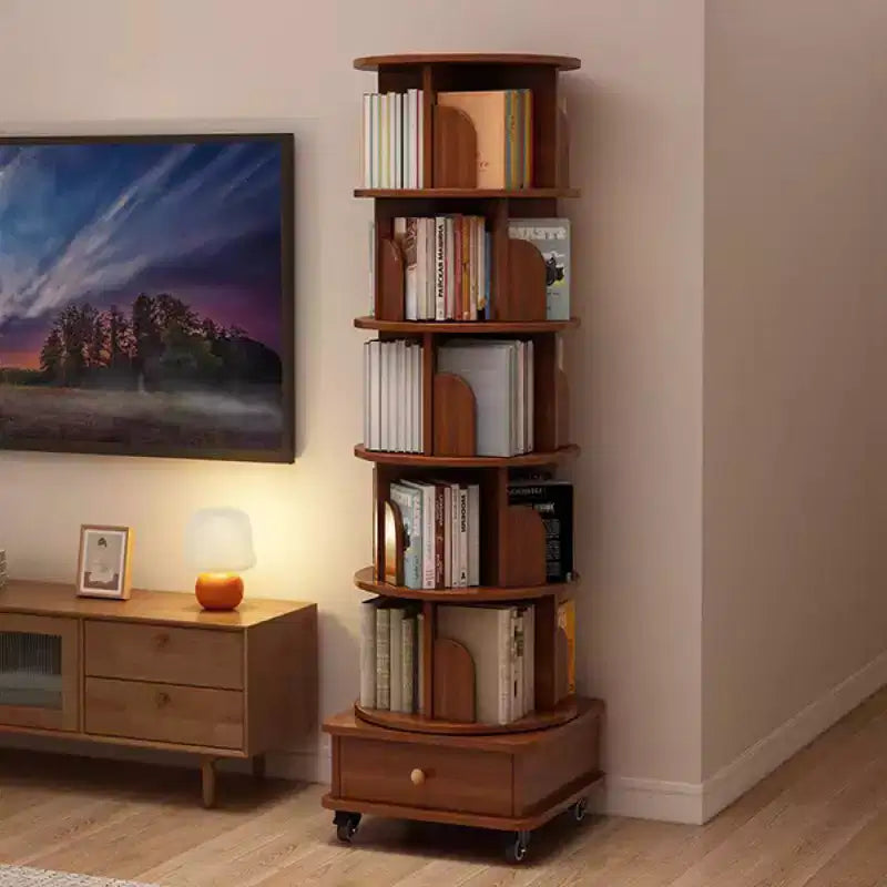 Chic Crate 6-stufiges, um 360° drehbares Eckbücherregal mit Rollen, schmales Bücherregal für kleine Räume, walnussbraun