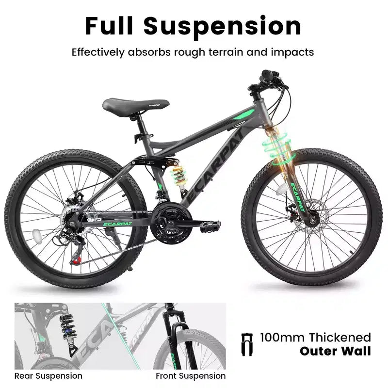 Okak 26IN mountainbike met schijfremmen, fiets voor volwassenen met 21 versnellingen, stevig frame en dubbele achtervering, voor fietsen op stadswegen