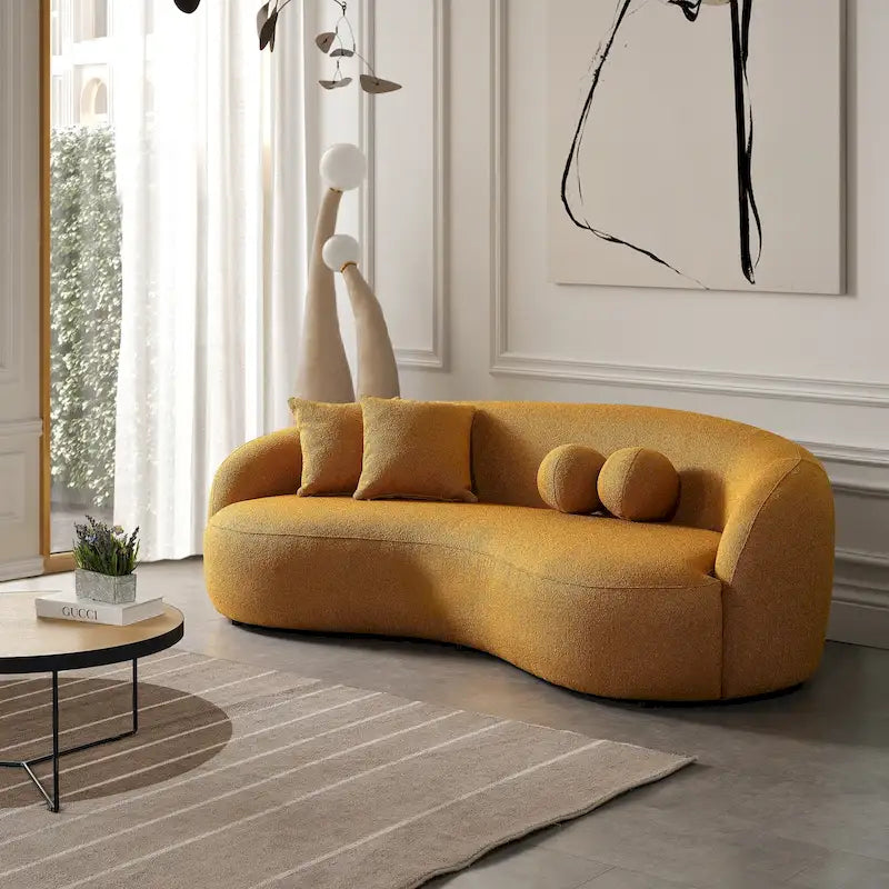 Blaine luxe, moderne gebogen bank van boucléstof in Japandi-stijl