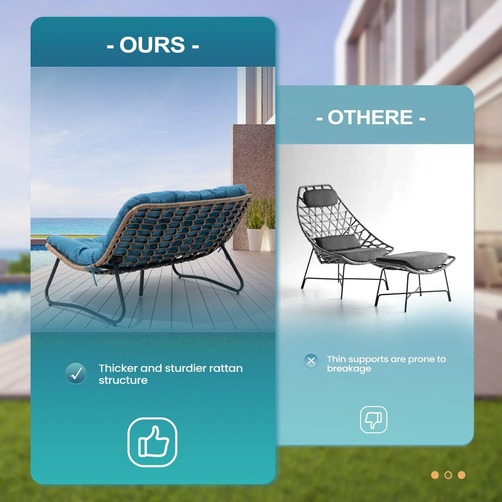 Dubbele papasan-loveseat met kussen, weerbestendig PE-rotan en metalen frame voor binnen en buiten