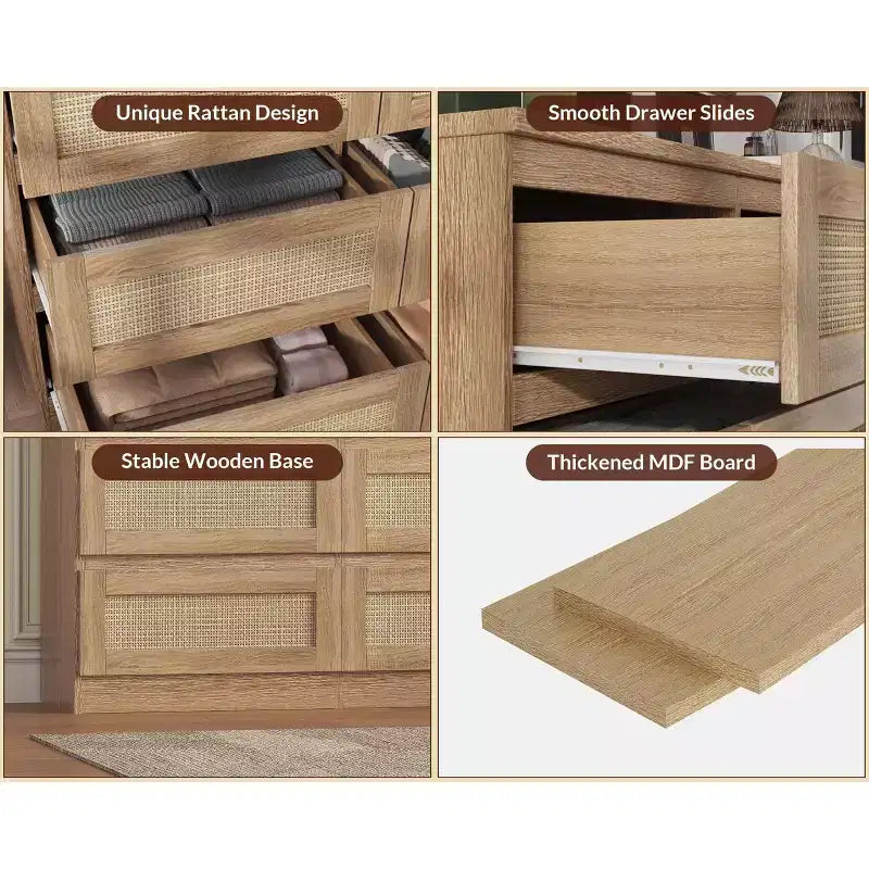 Rattan-Kommode fürs Schlafzimmer mit 6 Schubladen, 47 breite Kommode im modernen Landhausstil, Holz-Aufbewahrungsschrank und Organizer für Kleiderschrank, Wohnzimmer und Flur