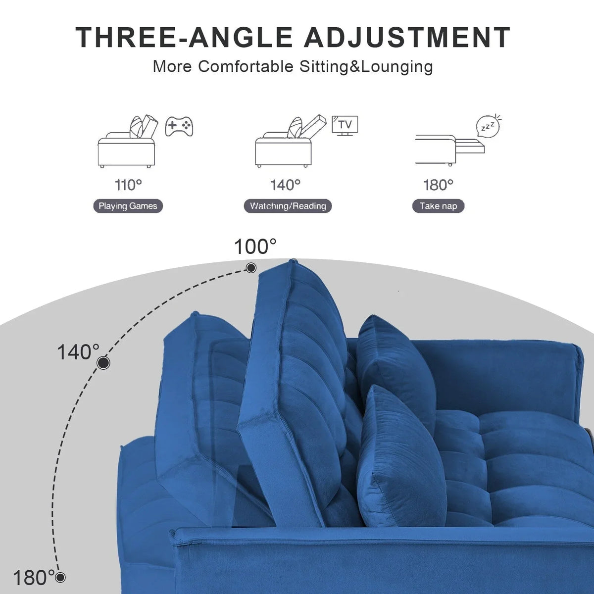 Modernes Ausziehsofa mit Schlaffunktion, 3-in-1-Schlafsofa mit verstellbarer Rückenlehne, Samt-Zweisitzer, Kissen und Seitentaschen
