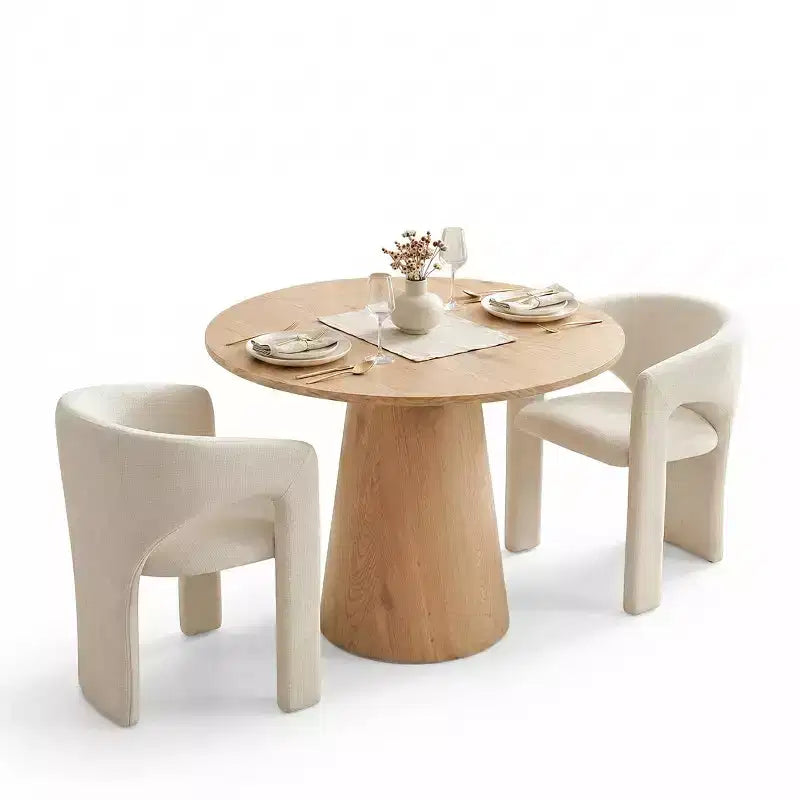 Kleines Esszimmerset für 2 Personen, beige gepolsterte Stühle, runder Esstisch mit Säulenfuß, kompakte moderne Küchenmöbel-Panipeachy