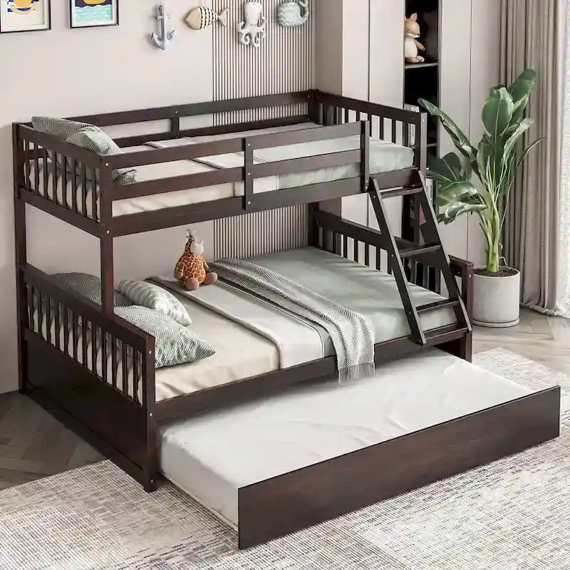 Lit superposé Gymax, couchage haut 1 place et couchage bas 2 places, avec lit gigogne 1 place et plateforme convertible