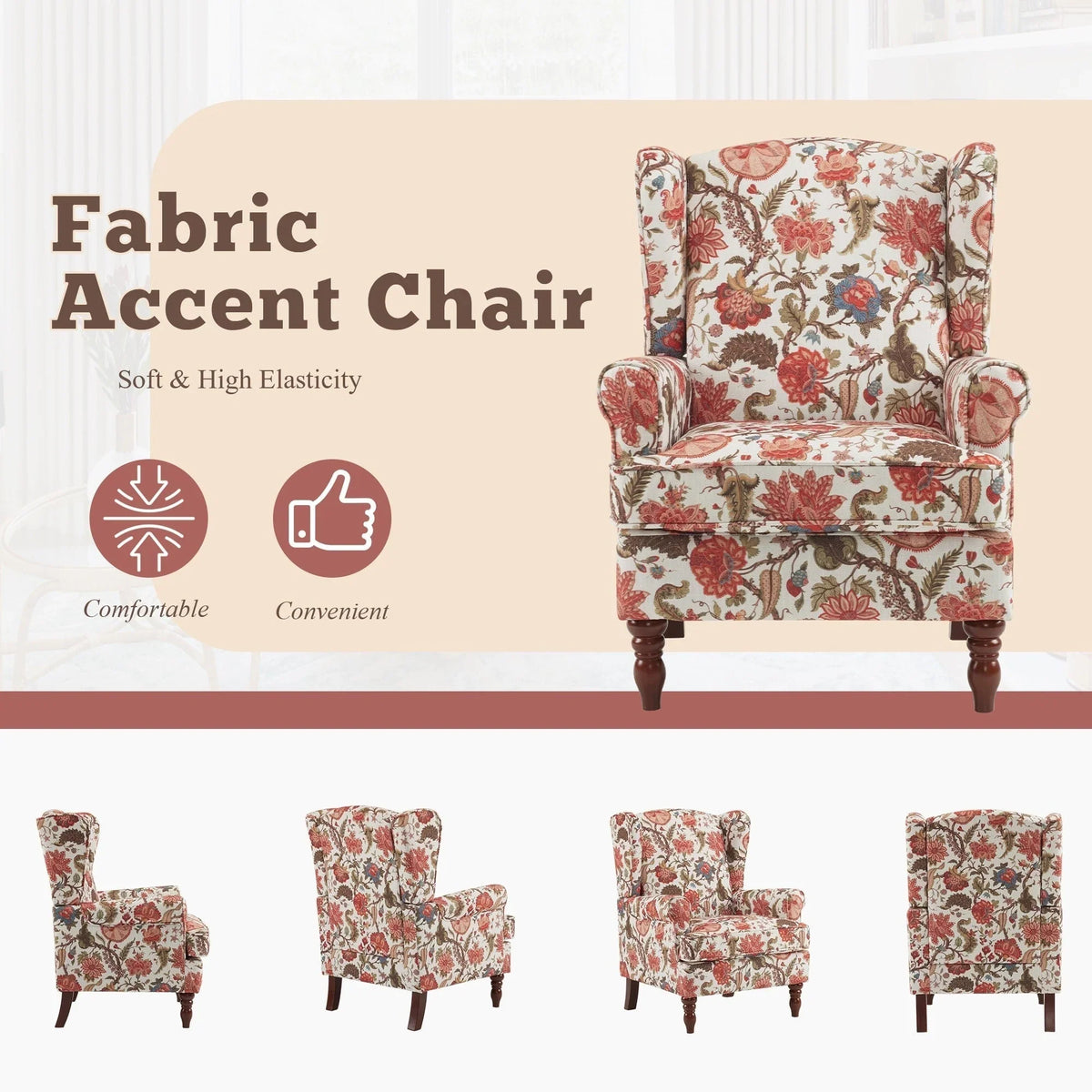 Erommy moderne fauteuil, fauteuil met hoge rugleuning, gestoffeerde eenzitsbank met knopen en houten poten voor de woonkamer