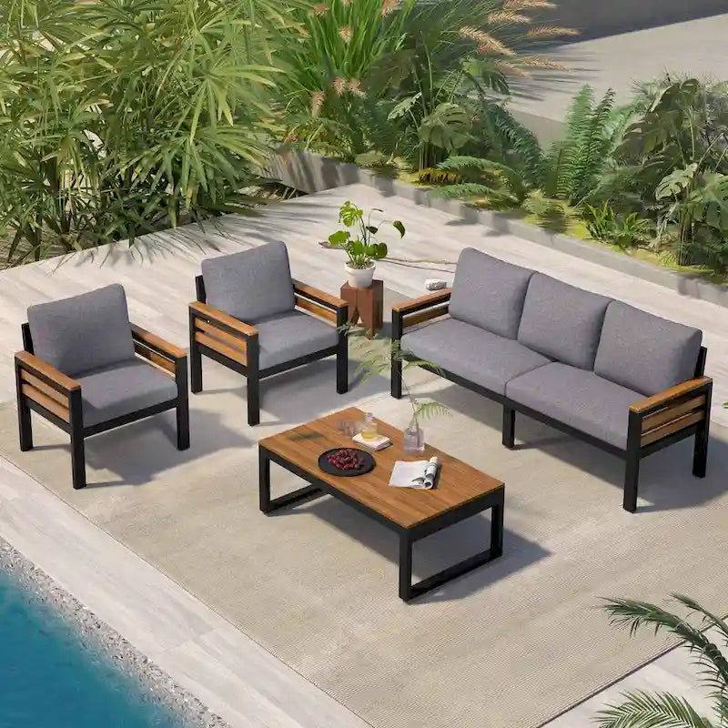 4-delige loungeset voor buiten voor 5 personen met salontafel van massief hout en afneembare kussens