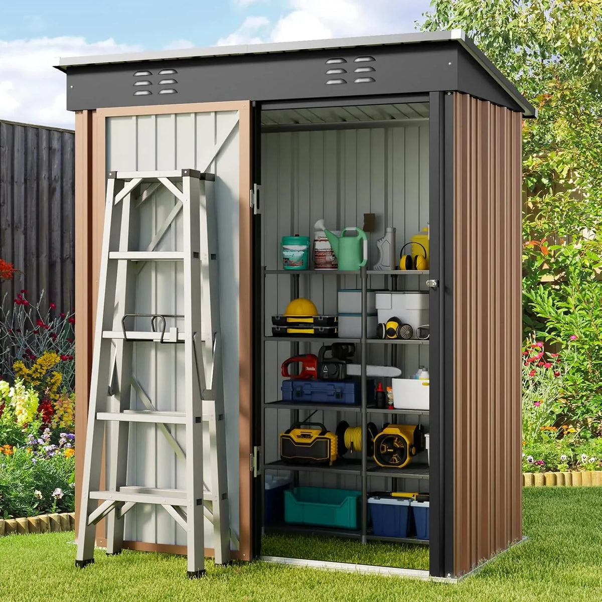Metalen tuinschuur voor buitenopslag met afsluitbare deur voor tuinmeubels en gereedschap