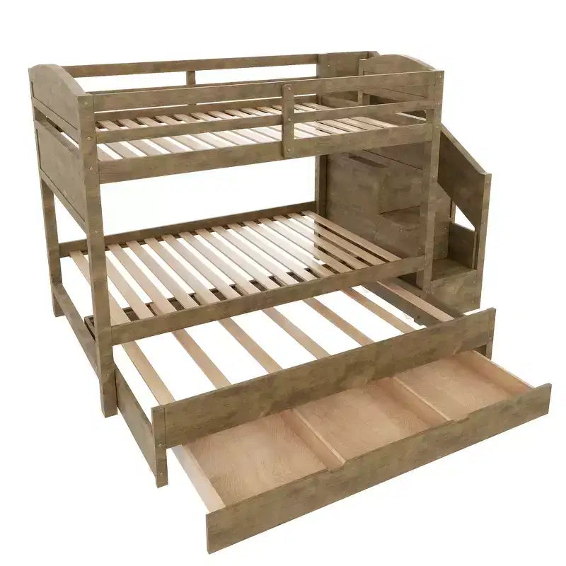 Whisen XL-Etagenbettgestell mit Ausziehbett, Etagenbett mit Stauraum, Etagenbett aus Massivholz, Stauraumtreppe, Kleiderschrank, 3 Schubladen, für Kinder