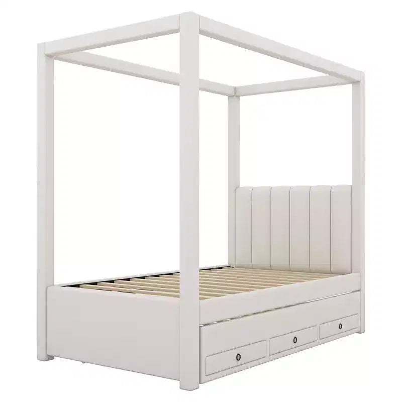 Polsterbett mit Himmelgestell in Full Size aus Leinen, mit Ausziehbett und drei Schubladen