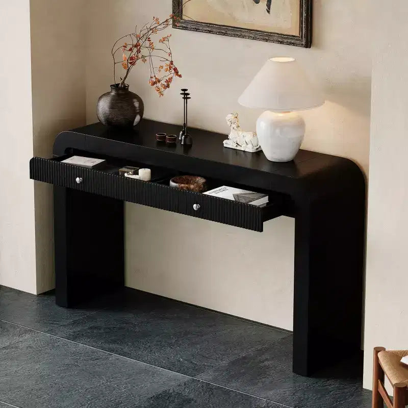 Console rustique Whisen, table d’entrée et table d’appoint avec façade de tiroir cannelée