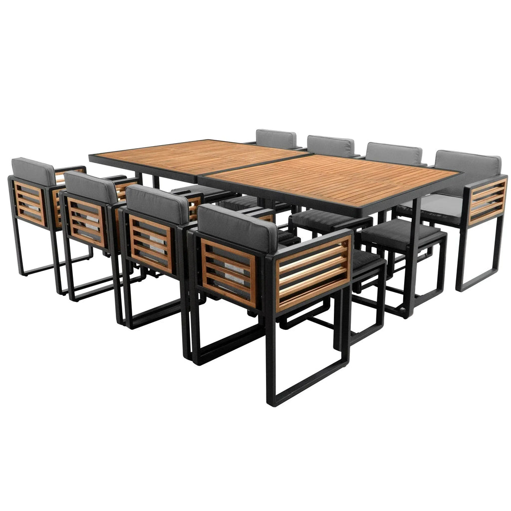 18-teiliges Garten-Esszimmer-Set aus Akazienholz, 8 gepolsterte Stühle, 8 Hocker und 2 quadratische Tische