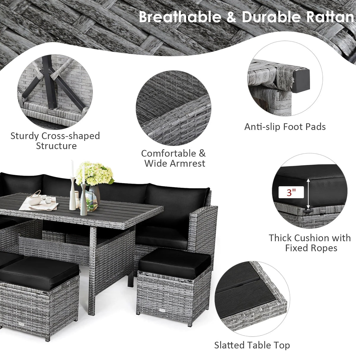 Costway 7-delige diningset van rotan voor het terras, modulaire bank, sofa en voetenbank - bekijk de details