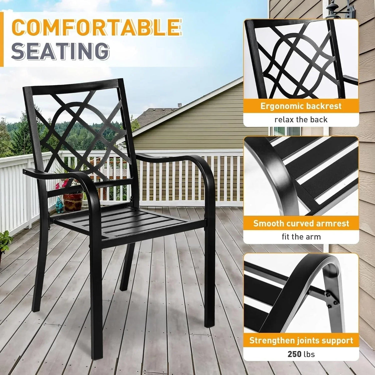 SUNCROWN 5-/7-teiliges Esstischset aus Stahl für die Terrasse, Metalltisch mit Lamellen und stapelbare Stühle, pulverbeschichtetes Gestell