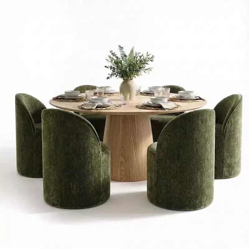 Ensemble de salle à manger moderne pour 6 personnes, table ronde à piètement central, fauteuils pivotants en forme de tonneau à roulettes, chenille texturée - Panipeachy