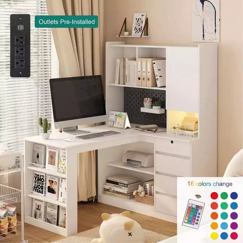 Hoekbureau in L-vorm van 46 inch met boekenkast en lades