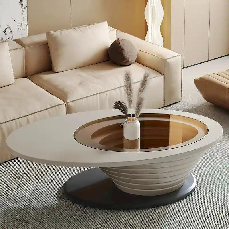 Table basse ovale moderne et minimaliste, plateau en verre et piètement gris, luxe discret, 51 in. - L 51.18'W 25.59'H 14.37'