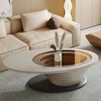 Table basse ovale moderne et minimaliste, plateau en verre et piètement gris, luxe discret, 51 in. - L 51.18'W 25.59'H 14.37'