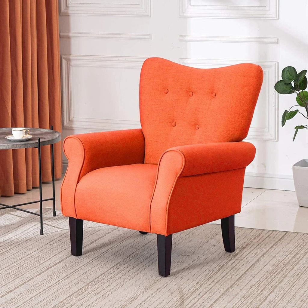 Erommy moderne fauteuil, fauteuil met hoge rugleuning, gestoffeerde eenzitsbank met knopen en houten poten voor de woonkamer