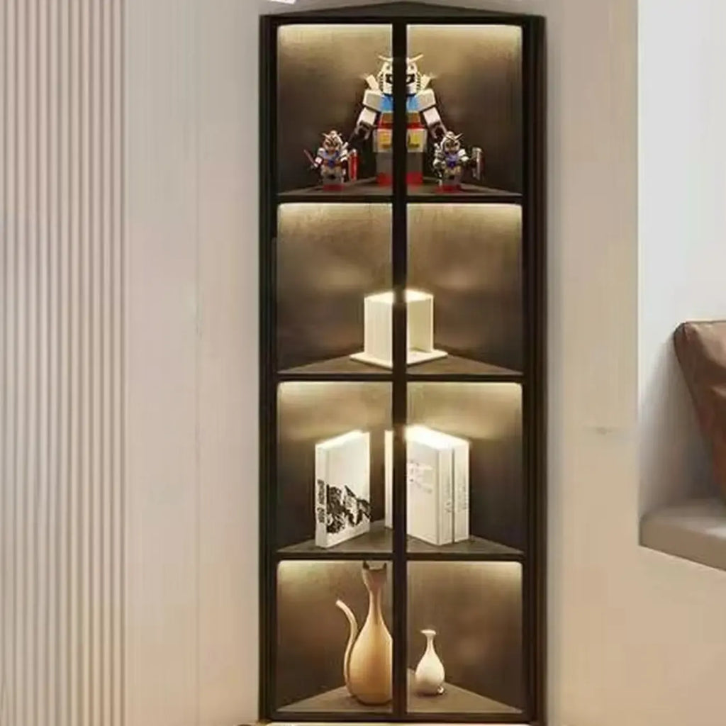 Vitrine d'angle moderne en métal et bois gris avec porte vitrée