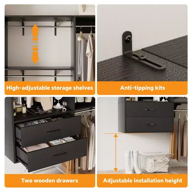 Wolnostojący system garderobiany z 8 drążkami na ubrania i szufladami, wiszący organizer do garderoby z 10 półkami