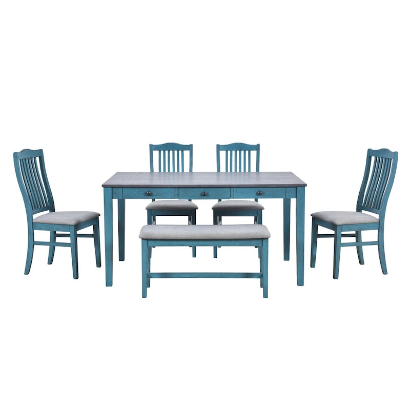 Eetkamerset van hout, 6-delig, met 4 stoelen en een bankje, tafel met lade