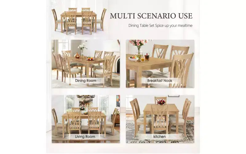 Zevemomo 7-delige eettafelset van massief hout met 6 gestoffeerde stoelen, ruimtebesparende eettafel met stoelen, voor de eetkamer of keuken, naturel houtkleur