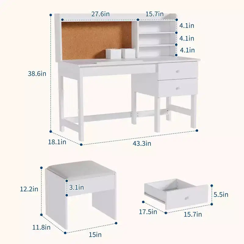 Ensemble bureau et chaise pour enfant, table d’étude en bois avec plateau inclinable réglable, tiroirs et tableau en liège - Ensemble de bureau scolaire pour enfants