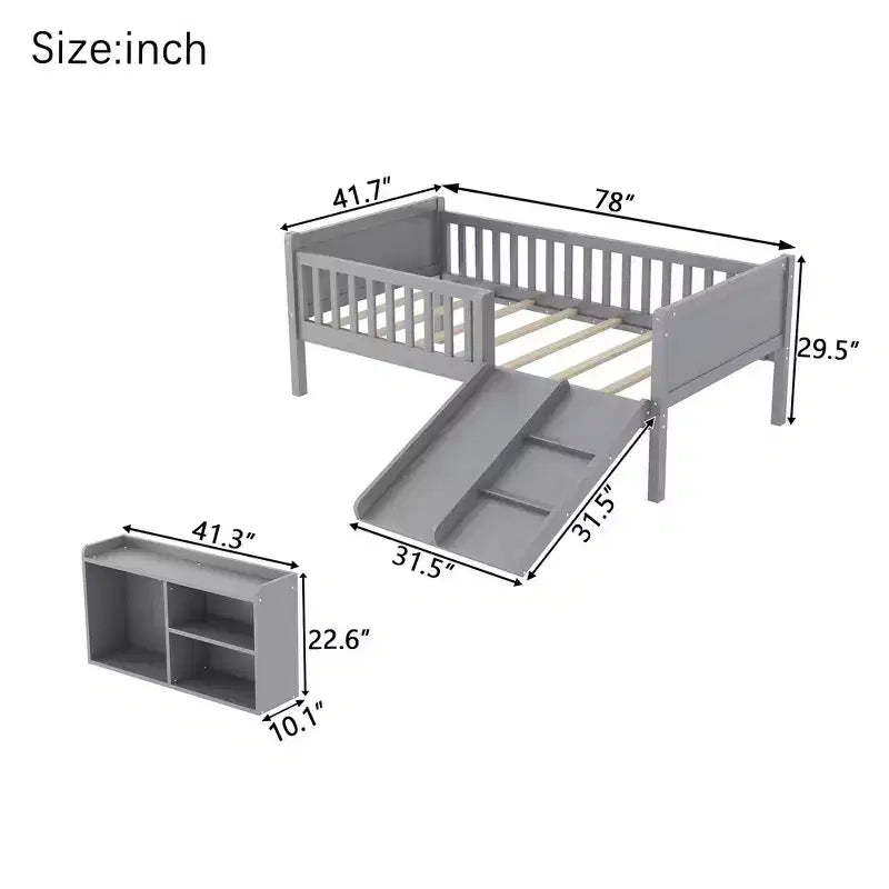 Lit mezzanine bas Whisen format une place pour enfants avec toboggan, bibliothèque de rangement mobile et barrières de sécurité