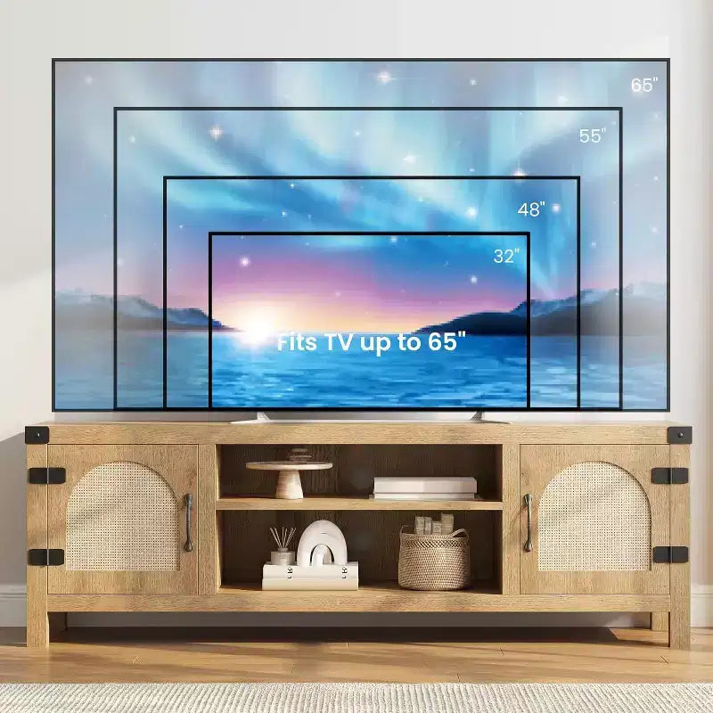 65-Zoll-TV-Ständer im Bohème-Stil mit Rattantür - Unterhaltungscenter aus Holz mit zwei Schränken und verstellbaren Einlegeböden, geeignet für Wohnzimmer