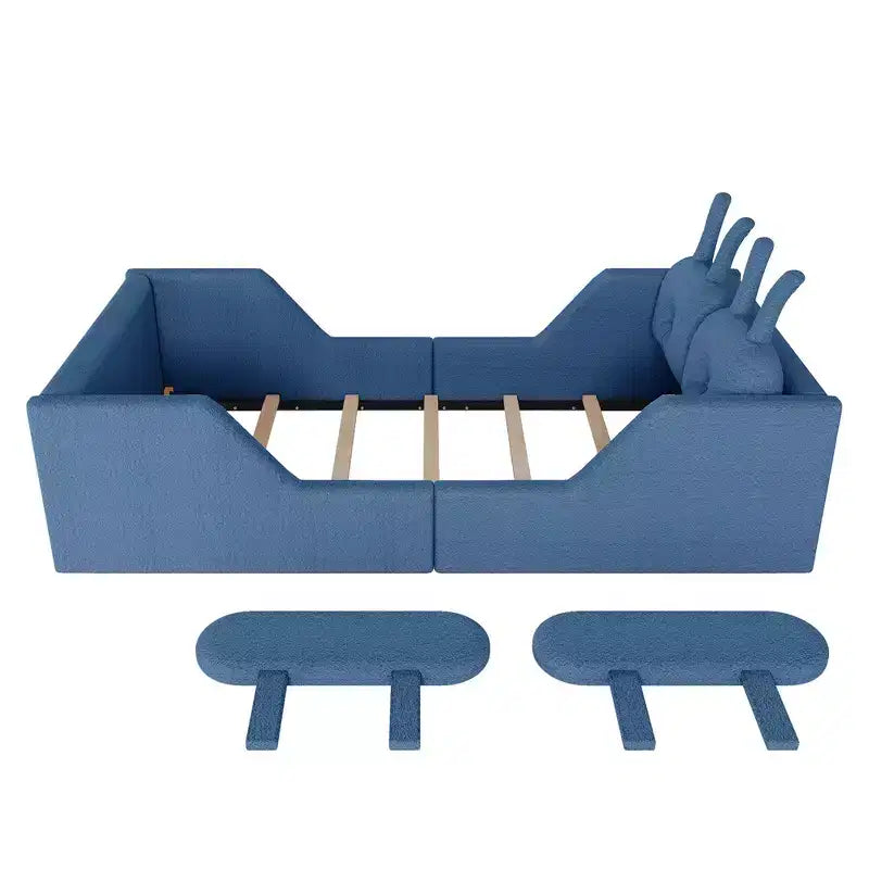 Lit plateforme simple Whisen, cadre de lit rembourré pour enfant au ras du sol avec coussin lapin et barrières latérales amovibles