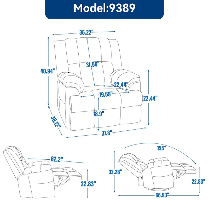 Fauteuil inclinable manuel vert surdimensionné avec fonction pivotante et à bascule, revêtement en tissu