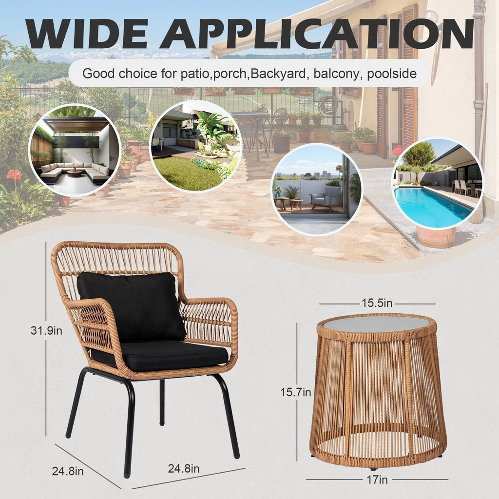 3-teiliges Outdoor-Bistroset aus Korbgeflecht, wetterfeste Rattan-Gartenmöbel mit Stühlen und Kissen