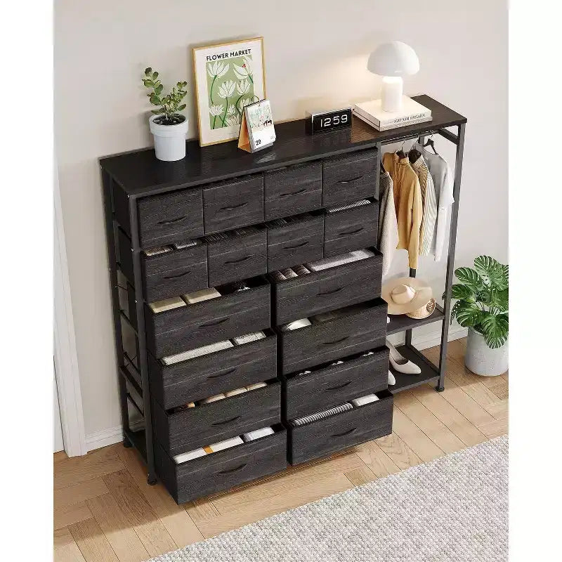 Kommode mit 16 Schubladen, Kleiderstange und Regalen, Stoff-Aufbewahrungsorganizer für Schlafzimmer, Kleiderschrank oder Eingangsbereich