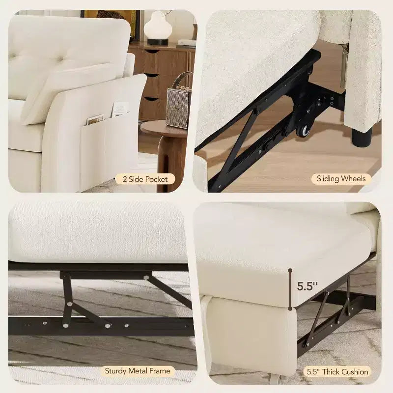 Dyonery 3-in-1-Schlafsofa, ausziehbares Schlafsofa mit Seitentasche und verstellbarer Rückenlehne, werkzeugloser Aufbau, klappbares Zweisitzersofa