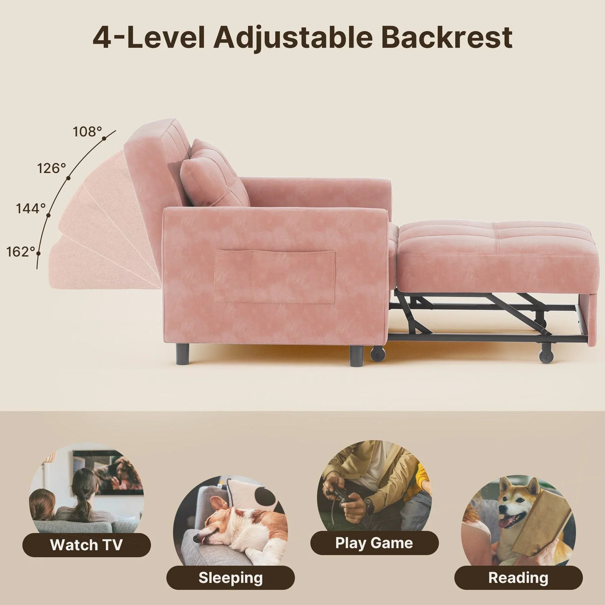 Canapé-lit convertible 3 en 1 avec réglage ajustable, fauteuil-canapé avec lit escamotable, lit pliant convertible pour le salon