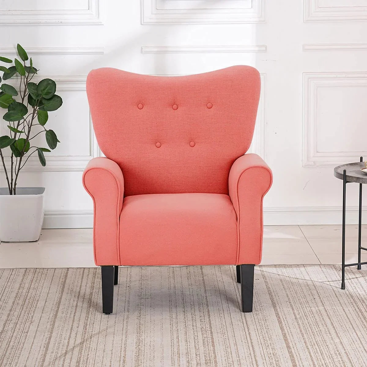 Erommy moderne fauteuil, fauteuil met hoge rugleuning, gestoffeerde eenzitsbank met knopen en houten poten voor de woonkamer