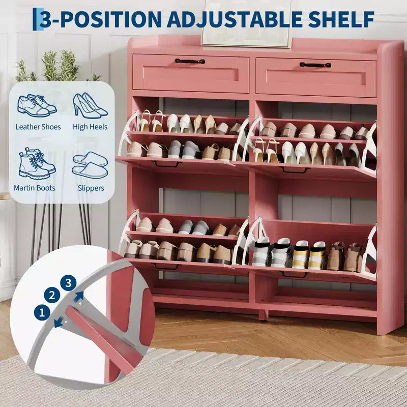Schoenenkast met 4 klepdeuren en 2 bovenladen, houten schoenenkast met verstelbare plank, vrijstaand schoenenopbergmeubel