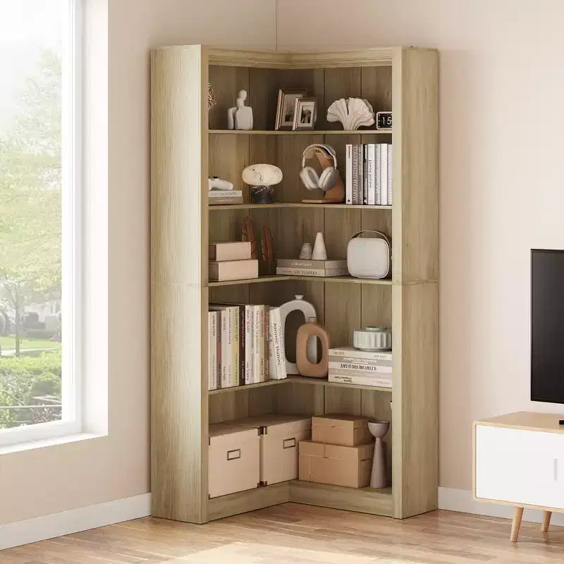 Zwart/wit/hout/retro, L-vormige hoekboekenkast, 5 niveaus, enkel