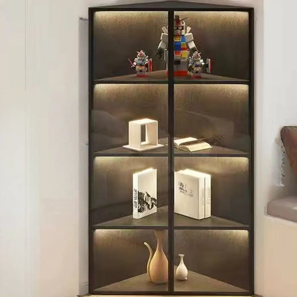 Vitrine d'angle moderne en métal et bois gris avec porte vitrée