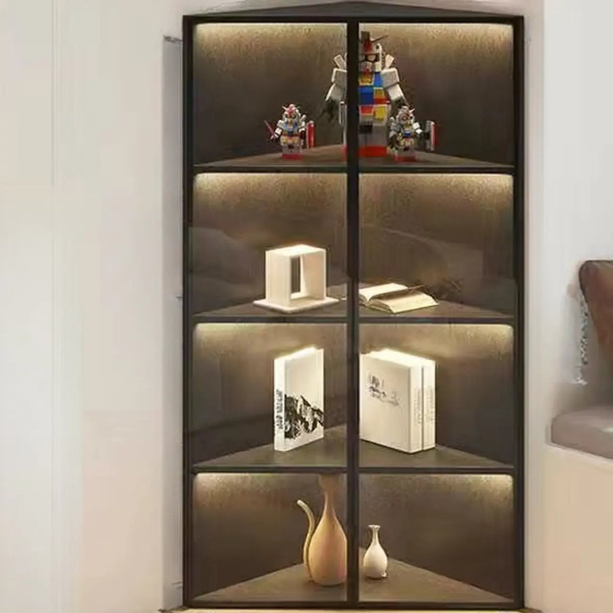 Vitrine d'angle moderne en métal et bois gris avec porte vitrée